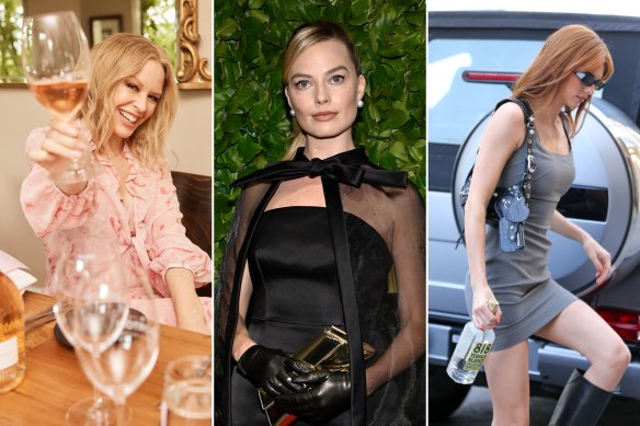Kylie Minogue with her wine; Margot Robbie launched Papa Salt gin, featuring Australian botanicals this year; Kendall Jenner carrying a bottle of her 818 Tequila Blanco.