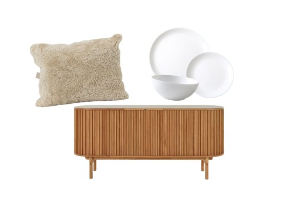 “Lindis” sheepskin cushion cover; “Hendrix” sideboard; “White Coupe” 12-piece dinner set.  