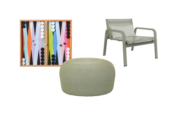 “Colourplay” backgammon set; “Banksia” ottoman; “Stack” chair.  