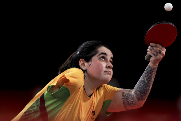 Bruna Alexandre serves at the 2020 Paralympics. She will also compete at the Paralympics in Paris.