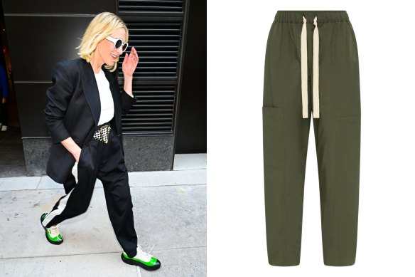 Cate Blanchett with a sporty take on off-duty trousers; Lee Mathews “LM Poplin” pants.