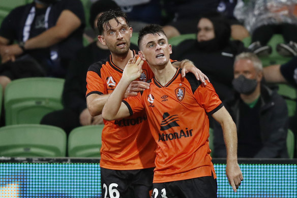 Brisbane's Dylan Wenzel-Halls gestures to Victory fans after scoring.