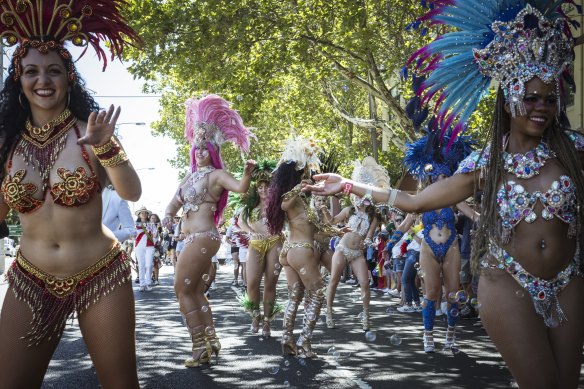 A salsa dance troupe at this year’s Pride March in St Kilda. 