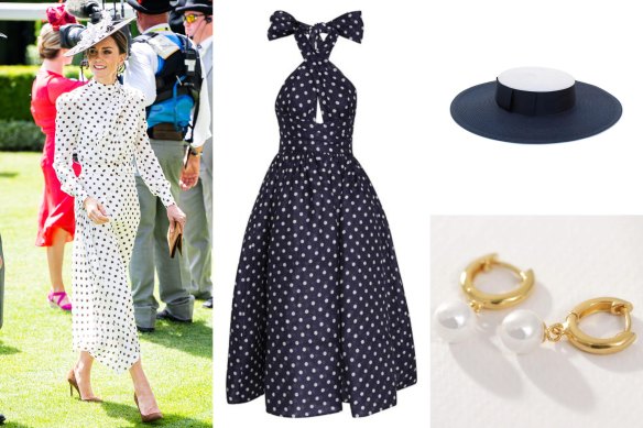 Princess Catherine at Royal Ascot in June, wearing an Alessandra Rich dress; Zimermann’s high tide halter dress, $1500; Morgan & Taylor boater, $79.95; Temple and the Sun Alba earrings, $189.95.