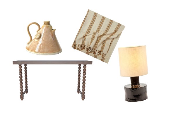 Olive oil pourer; “Santos” console table; towels; “Catherine” lamp  