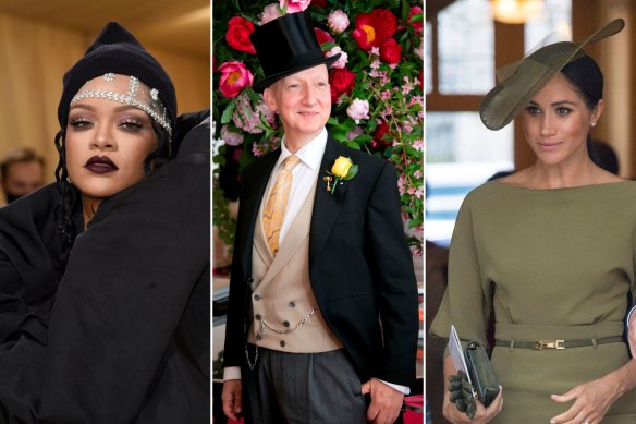 Rihanna at the 2021 Met Gala wearing Stephen Jones; milliner Stephen Jones; Meghan Markle, Duchess of Sussex, wearing Stephen Jones at the 2018 christening of Prince Louis.