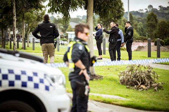 Police searched the car park at Aston Fields in Craigieburn on Thursday following a daylight shooting. 