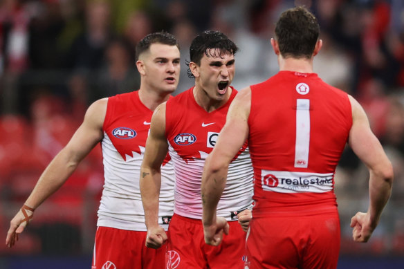 Sydney’s Sam Wicks celebrates with teammates after booting a goal against GWS.