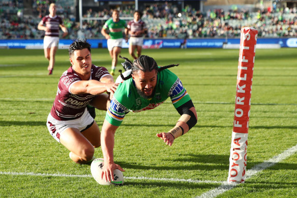 Canberra’s Corey Harawira-Naera dives over for a second-half try.