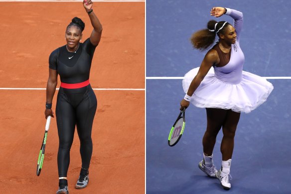 Serena Williams, left, in a Nike catsuit in 2018, and right, that same year, in a tutu designed by the late US designer Virgil Abloh.