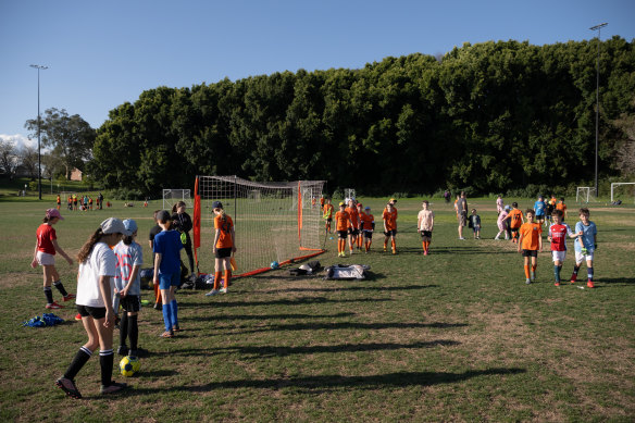 Football at the Waterfront Drive sports field in Callan Park on Thursday afternoon.