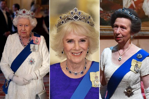 Queen Elizabeth II in the Burmese Ruby Tiara at the state banquet at Buckingham Palace on June 3, 2019 for Donald Trump; Queen Camilla in the Belgian Sapphire Tiara at the state banquet for the South African President Cyril Ramaphosa at Buckingham Palace on November 22, 2022; Princess Anne in the Meander Tiara at the Trump state banquet in 2019.