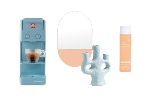 “Y3.3” capsule machine; “Mira Duo” mirror; “Loop” candle holder; “Glow” exfoliator.