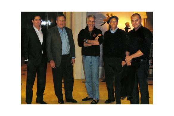 Bill Gates (second from right) next to convicted sex offender Jeffrey Epstein (centre) in Epstein’s apartment in 2011.