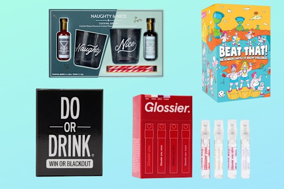 Anko Naughty & Nice cocktail gift set; Universal Store unisex do or drink gifts; Beat That! board game; Glossier You Wardrobe 4x1.5mL.