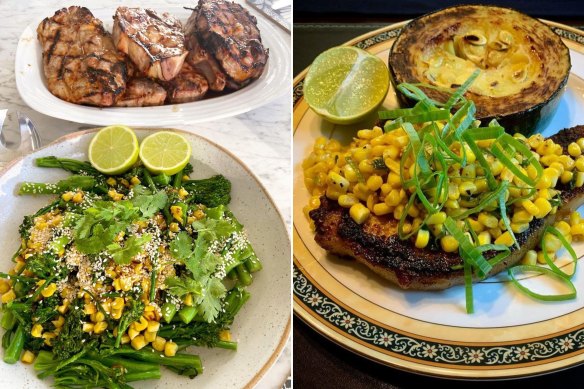 Julia Busuttil Nishimura’s miso pork chops with buttered sesame corn.