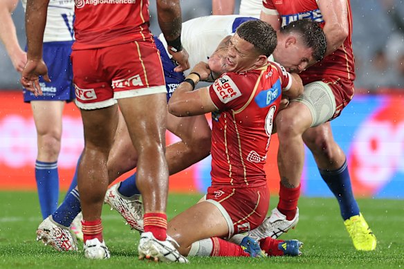 Kurt Donoghoe suffered a severely broken nose in the Dolphins’ win against the Bulldogs.