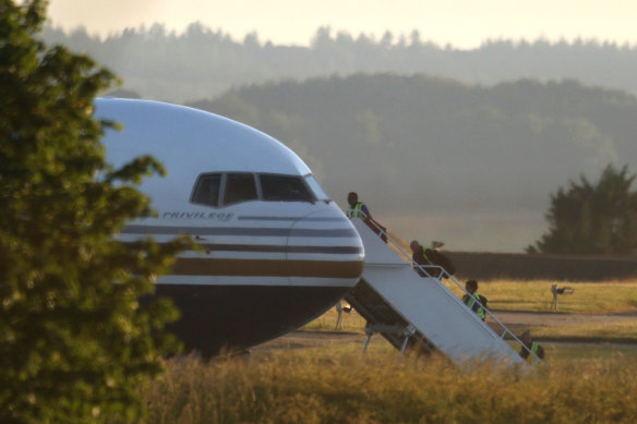 The Rwanda deportation flight at Boscombe Down Air Base in Britain. 