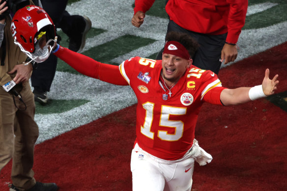 Patrick Mahomes of the Kansas City Chiefs celebrates after defeating the San Francisco 49ers 25-22 in overtime in the Super Bowl.