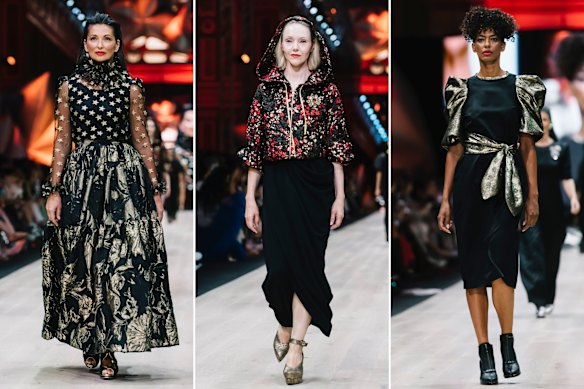 Kara Baker creations on the runway at the Melbourne Fashion Festival, Royal Exhibition Building, February 2025.