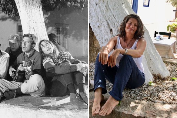 From left: Chick’s grandmother Charmian Clift with Leonard Cohen on the Greek island of Hydra in 1960; Chick at the same tree in 2022, during a quest to “hunt Clift down” and meet her ghost.