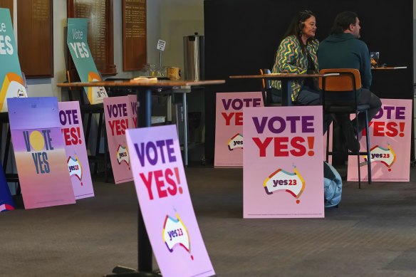 Yes supporters waiting for the  referendum results at Richmond, in Melbourne, on Saturday.