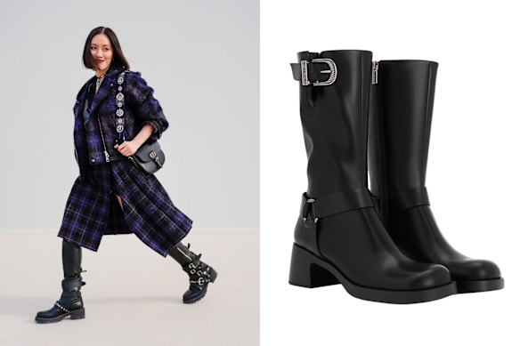Above: Tiffany Hsu. Right: Charles and Keith “Kirke” biker boots.