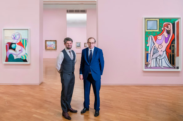 Nick Mitzevich, National Gallery of Australia director, and Laurent Le Bon, Musée National Picasso Paris director, with some of the works unable to return home. 