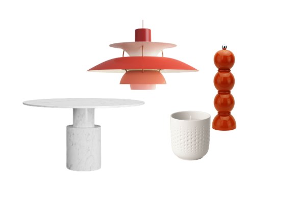 “Elios Carrara” table; “PH5″ pendant light; Villeroy & Boch candle; “Bobbin” pepper mill.