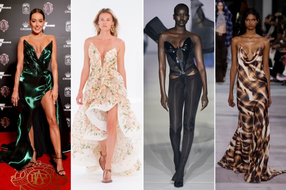 ‘Bunny ears’ (from left): Brodie Ryan at the Brownlow in Sean Rentero, and Zimmermann, Adut Akech for Mugler, and Y-Project at Paris Fashion Week.