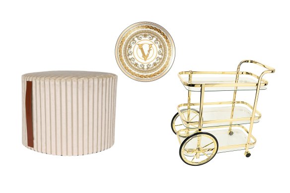 “Coomba” pouf; “Virtus Gala” plate; “Orwell” bar cart. 