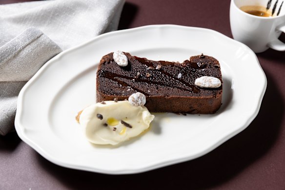 Dark chocolate and almond tart with mascarpone.