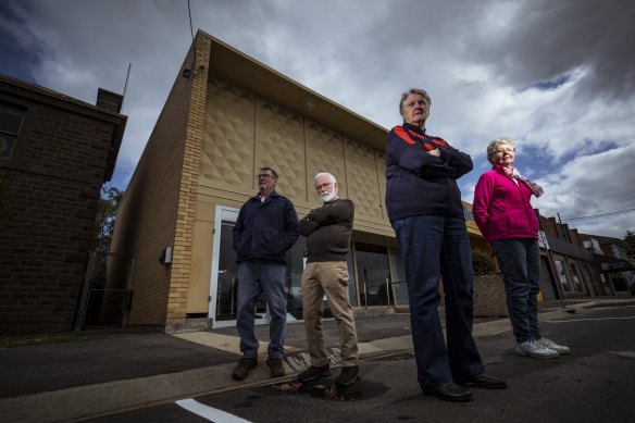 Mortlake residents Doug Parker, Kelvin Goodall, Jill Parker and Rosalie Goddard are upset at the closure of their only bank.