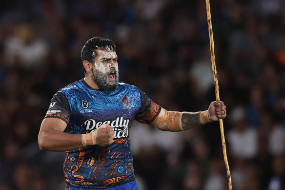 Shaquai Mitchell during the Indigenous All Stars pre-match war dance.