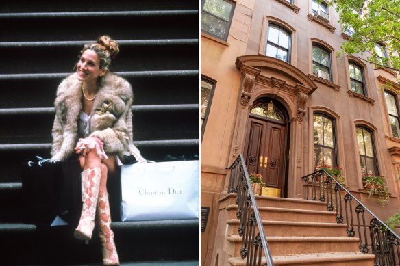 The brownstone steps outside Carrie Bradshaw’s apartment on Sex and the City (left) and in real life.