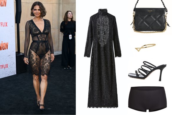 Sheer delights: Halle Berry attending the premiere of ‘The Union’ in Los Angeles wearing a dress from La Perla; Courntey Zheng ‘Anke’ lace gown $420; Vestirsi ‘Ella’ quilted body bag, $379; Sarah & Sebastian drop ring, $300; Alias Mae Leana ‘Leanna’ shoe, $229.95; Skims boyshort $39.95, David Jones.