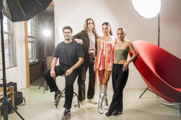 Fresh threads … (from left) Nathan McGuire with model Joshua wearing  Solid Ochre, and model Portia  wearing Lychee Alkira by Renee Henderson. Both brands feature in the Mob in Fashion runway at the Melbourne Fashion Festival.