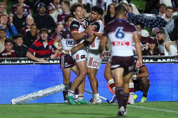 Mark Nawaqanitawase scores against Manly on Thursday night, the Sea Eagles third straight loss to start the season.