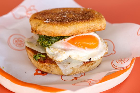 Egg and cheese muffin with goat’s gouda, shallot chimichurri and jalapeno relish.