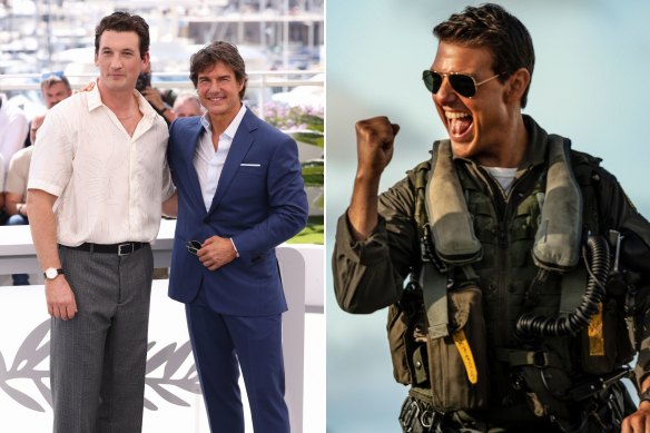 Miles Teller and Tom Cruise attend a cast photo call for ‘Top Gun: Maverick’ during the 75th annual Cannes film festival at Palais des Festivals; Tom Cruise as Maverick.