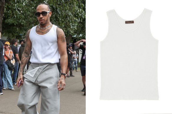 From left: Formula 1 driver Lewis Hamilton; P.Johnson white waffle tank.