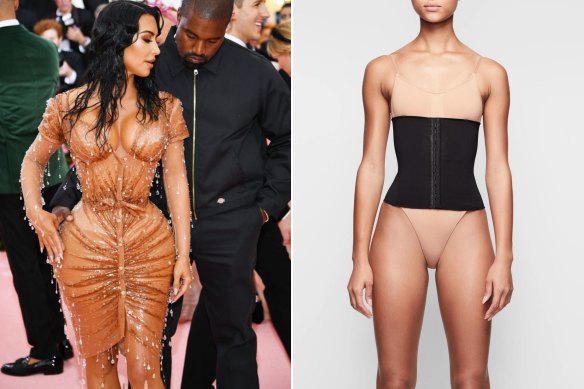 Kim Kardashian, left, at the 2019 Met Gala, where she wore a waist trainer; Kardashian’s underwear brand SKIMS began selling a waist trainer in 2019.