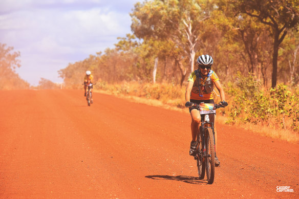 Riders tackling the red gravel in the Gibb Challenge 2019.