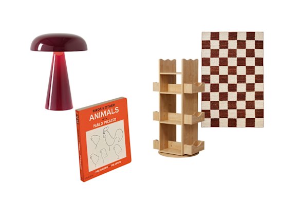 “Como” lamp; “Birds & Other Animals” book; “Theo” bookcase; “Checker” rug.  