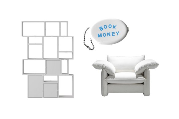 “Stacked” storage system; Coin pouch; “Pillow” armchair.  