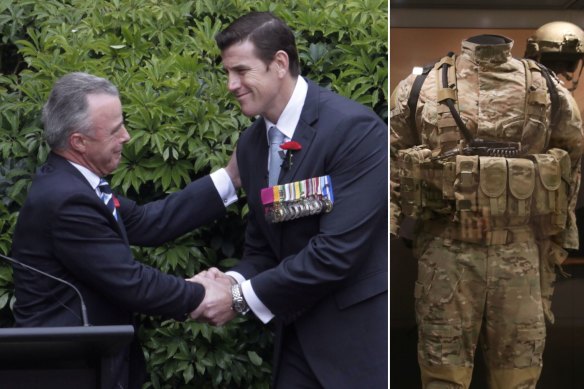 Roberts-Smith with former defence minister Brendan Nelson in 2013 at the Australian War Memorial, and right, part of the Memorial’s Roberts-Smith exhibit, which is now a subject of some debate.