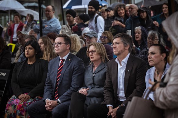 Victorian Premier Jacinta Allan (centre) at the Jewish community’s Pillars of Light festival at Federation Square in Melbourne on Sunday.
