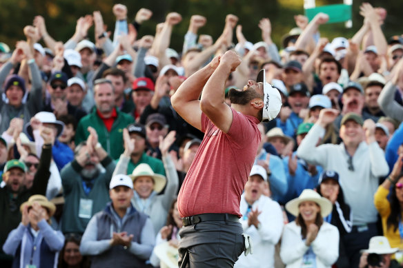 Spain’s Jon Rahm celebrates winning The Masters at Augusta in April.