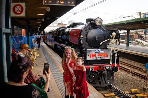 The first annual Halloween Express picnic trains from Central Station left on Saturday with hundreds of passengers in fancy dress.