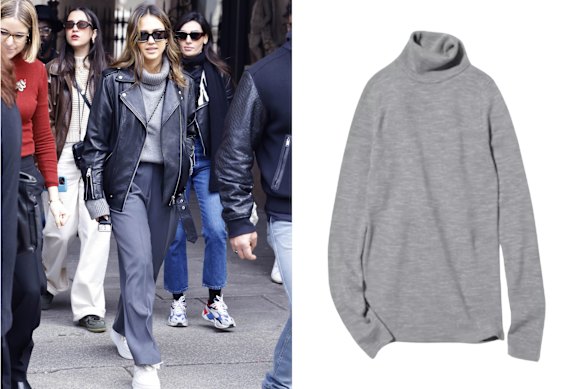 Above: Jessica Alba. Right: Uniqlo merino turtleneck jumper.